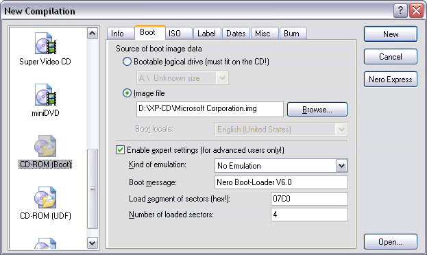 Nero Boot Settings